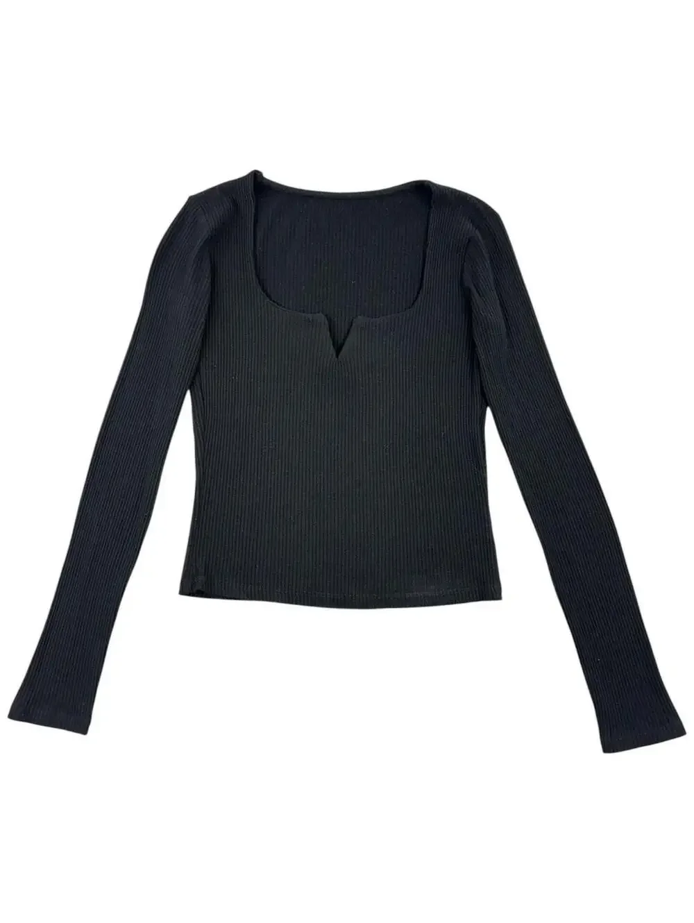 Black Ribbed Long Sleeve Top with Notch Neckline Y2K Minimalist Preppy
